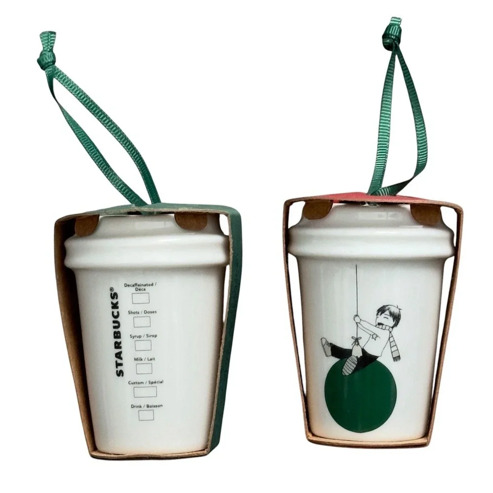 Starbucks Boy w Balloon & White Cup‎ Ornament Lot of 2